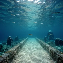 bottom of a path with wall of oceans on each side, clear waters full of scary creatures, water horrors, photo pic by james cameron 35mm H 576