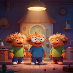 9 0 s 3 d render of nickelodeon characters in a crazy house, lit by a lamp