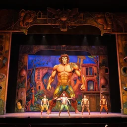 photo of a huge theaterstage, play is tarzan, 3 actors on stage, 8 k, multicolored, exaggerated detailed, long shot