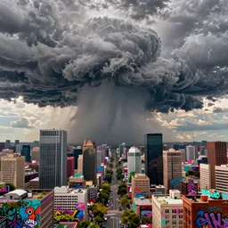 centered photograph of severe weather storms above an Beautiful Orwellian City, architecture, detailed textures, hyper realistic, vibrant colors, cinematic lighting, graffiti art style, climate change, digital art painting by greg rutkowski, cinematic, concept art, 35mm grain filter, artstation