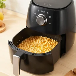 Cooking ramen noodle soup in an airfryer, photo, kitchen interior background