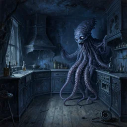 gothic mansion kitchen, wooden floor, darkness, evil, creepy, science, 1 9 century, hard atmosphere, lovercraft, insmouth, tentacles, artwork, paint, blue tones, detailed, by bastien lecouffe deharme, by jeremy mann, by alexander fedosav