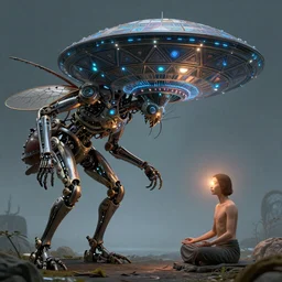 insectoid mechanical steampunk cyborg from the side giving geometric pattern merkabah to a small sitting meditating person third eye activated hyperrealistic ultra realistic 8k psychedelic