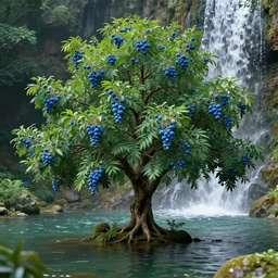 lush fruit tree in a pond with blue fruits and a waterfall in the background, by james gurney, concept art, intricate, hyper detailed, volumetric lighting, sharp focus, octane render, trending on artstation, 8 k