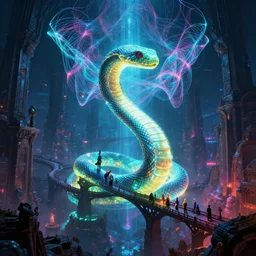 mysterious glowing serpent over epic dark ancient city of bridges, infinite fractal tesseract, quantum waves, synthwave, bright neon colors, highly detailed, cinematic, tim white, vladimir kush, philippe druillet, roger dean, bob eggleton, michael whelan, boris vallejo, alfred kelsner, kubrick