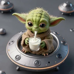 high angle shot, overhead shot, hyperdetailed masterpiece concept art of Yoda drinking yogurt sitting on an UFO, 4k Detailed Matte Illustration trending on ArtStation