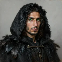 portrait painting of a green eyed middle eastern man with shoulder length hair wearing a tattered black feather cloak and coat, sharp focus, award - winning, trending on artstation, masterpiece, highly detailed, intricate. art by rebecca guay