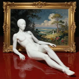 an all white human, with no facial features, like a white skin tight mask pulled over their face merges into their body, full body laying in a blood red pool of water between a golden mirror frame, outside is space and inside the mirror frame is a beautiful landscape., physically accurate, dynamic lighting, intricate, elegant, highly detailed, very very Roberto Ferri, sharp focus, illustration, art
