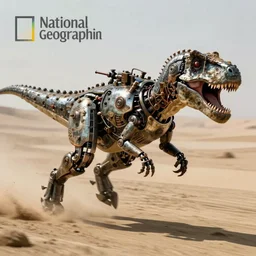 action photography, award winning photo of an ultra detailed intricate steampunk robotic dirty dinosaur running very fast in the sand, fast shutter speed, motion blur, tiny gaussian blur, highly detailed, highly intricate, depth of field, national geographic
