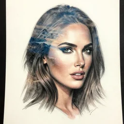tattoo design sketch megan fox face double exposure effect with beautiful mountain scenery, in the style of matteo pasqualin, amazing detail