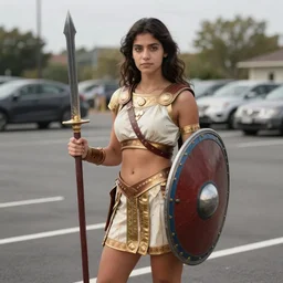 a beautiful warrior maiden wearing greek tunic, holding a shield and gladius, standing in a parking lot, highly detailed digital art