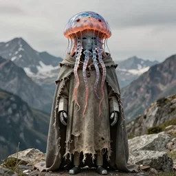 A detailed lonely tesla android with jellyfish head stands among the mountains. Wearing a ripped mantle, robe. Perfect face, colossal scale, extremely high details, realistic, fantasy art, solo, masterpiece, art by Zdzisław Beksiński, Arthur Rackham, Dariusz Zawadzki