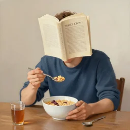 a painting of a man with a book head sitting at a table eating cereal, artstation