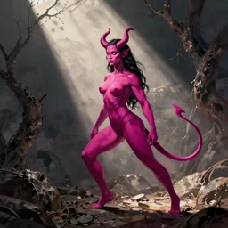 a magenta female demon with a tail, by nikolay makovsky and donato giancola.