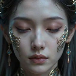 ultra realistic beautiful cyborg deity eyes closed, sci-fi, fantasy, intricate details, movie still, highly detailed, photorealistic, octane render, eerie, 8k, art by artgerm and james clyne and greg rutkowski and alphonse mucha