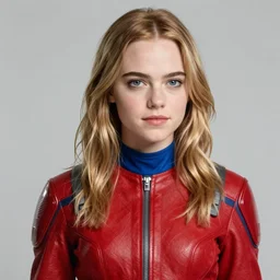 teenage emma stone in red futuristic jumpsuit with blue collar, portrait, highly detailed, starwars, trending on artstation, characterdesign, sharp focus, illustration, digital matte painting, art by greg rutkowski