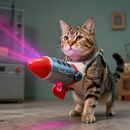 laser cat with rocket launcher, hyper realistic, retro