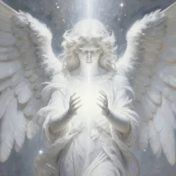 highdetailed hyperrealistic painting of white angel!!! giant ball of miracle light from the chest!!!!!, white sparkles everywhere, 4 k hd fur face!!!, big wings nor cropped, the light passes through the body starting from the head, by jan van eyck, holography space, glow effect, large strokes, white monochrome color, exclude all colors except white, extremely detailed, octane render
