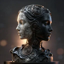 epic illustration, digital abstract sculpt of beautiful female face silhouette and black swirling liquifying concrete acrylic portrait, black latex sculpt, octane render, mechanical superstructure, sacred geometry, glowing edges, magic hour, beautiful light, sculpture of carving marble, dark colors, dark mood, one point light, spirals, clockwork, epic matte painting, concept art, bokeh, digital painting, artstation