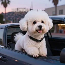 a photorealistic image of bichon frise riding in the back on an uber in Hollywood, dusk. This 4K HD image is Trending on Artstation, featured on Behance, well-rendered, extra crisp, features intricate detail and the style of Unreal Engine.