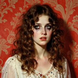 a beautiful but sinister girl in layers of fear, with haunted eyes and curly hair, 1 9 7 0 s, seventies, delicate embellishments, a little blood, wallpaper, crimson, painterly, offset printing technique, by alexandre cabanel
