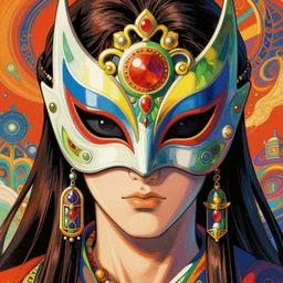 beautiful portrait of the colorful masked figure, vivid colors, intricate, highly detailed, masterful, fantasy world, sci fi world, in the style of moebius, akira toriyama, jean giraud