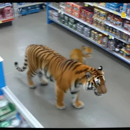 cctv footage of tiger in walmart, high angle security camera feed, blurry and glitchy,