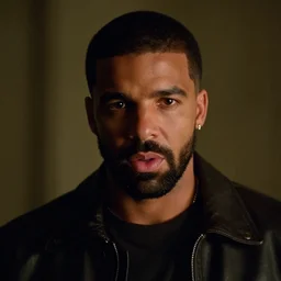 a cinematic film still of Drake starring in The Shining, portrait, 40mm lens, shallow depth of field, close up, split lighting, cinematic
