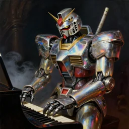 a baroque neoclassicist close - up renaissance portrait of an iridescent 1 8 0 0 s gundam mecha musician playing the piano. reflective detailed textures. glowing colorful fog, dark background. highly detailed fantasy science fiction painting by moebius, norman rockwell, frank frazetta, and syd mead. rich colors, high contrast. artstation