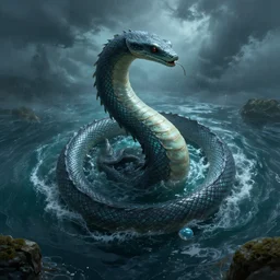 top down view of an alien ocean with sea serpent emerging on top of it, detailed, cinematic lighting, storm is happening, unreal engine 4 render, artstaion