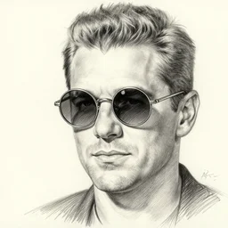small round!!!! sunglasses j scott campbell!!! pencil sketch by j scott campbell close up headshot of jean reno in round!! sunglasses in the style of jim lee