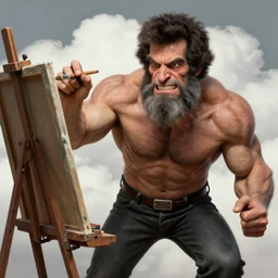 h. r. giger digital art of bob ross next to an easel, intense expression, huge muscles, detailed facial features, upper body, lower body, happy clouds behind, action pose, holding a paintbrush in his hand, ultra - detailed, intricate, detailed shadows and textures, 8 k