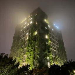 a massive building that disappears into the fog with foliage growing up the sides at night with lights on illuminating the foliage