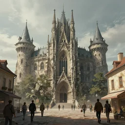 people walking in front of an old gothic architecture at the town central place, art by wadim kashin, cgsociety, old castle, concept art, fantasy, dystopian art