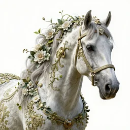a stunning horse with a mane of vines and flowers by greg rutkowski, high key lighting, volumetric light, digital art, highly detailed, fine detail, intricate, ornate, complex, octane render, unreal engine, photorealistic