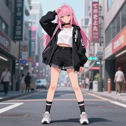 character design of utena tenjou as a college student, pink hair, urban streetweear, tomboy, concept art, portrait, streetwear, dramatic pose, shoujo manga character design, character art, urban, vibrant, highly detailed, full body, Akihiko Yoshida