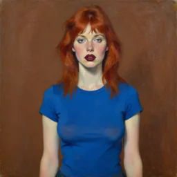 expressive medium shot portrait of a pale sexy young 8 0 s model busty woman with tomboy red hair and freckles, big maroon lips, wearing a blue tight tshirt, brown background, oil painting, impasto, muted colors, artwork by lucian freud, arnold bocklin, paula rego