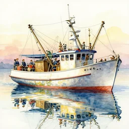 a beautiful insanely intricate watercolor illustration of modern fishing boat, reflexions, colorfull, by william turner art, by greg rutkowski, by james jean, by rossdraws, by frank franzzeta, by sakimichan, by edmund dulac, trending on artstation, insanely detailed, masterpiece,