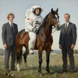 astronaut bodybuilder carries a horse in his hands, hauntingly surreal, highly detailed painting by francis bacon, edward hopper, adrian ghenie, gerhard richter, and james jean soft light 4 k,