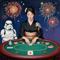 woman in a black japanese kimono, sitting at an extremely detailed poker table with the stormtrooper, sake, donuts on the table, fireworks and stars on the background, by roy liechtestein, canvas, acrylic paint, ivory color palette, 4 k, ultra - hd
