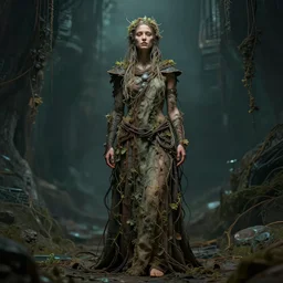 portrait of a beautiful warrior, face, single character, perfect expression, subconscious connects, purified consciousness, dressed in long cloth with vines and wires, solarpunk enviroment, full body, ultra realistic, cinematics lights 4 k, fine art, intrincate, artstation, octane render. by peter mohrbacher, marc simonetti & anna pode