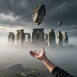 arm reaching out of thick fog, rocks levitating in background, stonehenge, zdzislaw beksinski