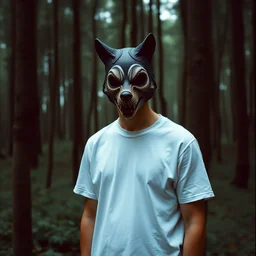 a high definition film photograph of a creepy man standing in a dense forest wearing a clean white t - shirt and a retro vintage creepy animal mask, hipster cinematic colors, trending on instagram, photography, sigma 8 5 mm f / 1. 4