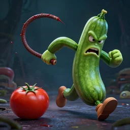 detailed 3 d render of an angry furious zucchini ninjawith a bloody nunchacku in his hand, chasing and running after a tomato fscared to death, hyper realistic octane render, dramatic lighting, dark mood, nightmare, surrealism, pixar, disney, cartoon