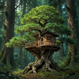 beautiful tree house in a gnarly bonsai in a ancient forrest, dynamic lighting, cinematic, establishing shot, extremly high detail, foto realistic, cinematic lighting, post processed, concept art, artstation, matte painting, style by ghibli, myazaki