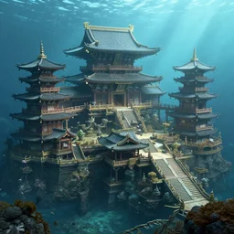 An ancient Japanese architectural complex under the sea, 8k, very high detailed, cinematic, octane render, intricate