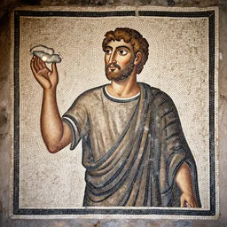 roman mosaic of a man holding a piece of glowing wool, opus tesellatum, pompeii