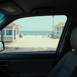 fuji 5 0 r, 3 5 mm ; ronin film still of car interior with front seat side window view with ; in the background projection of beautiful hyperrealistic wide lens film still from ronin ( 1 9 9 0 ) beach promenade scene directed by wes anderson, highly detailed, cinematic lighting, 8 k