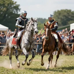 this takes place in the middle ages. there is two men. they are jousting. their ride for the joust is a centaur. the crowd is cheering and excited. 8 k photography