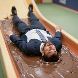 a suited sliding through chocolate pudding head first, slip n slide, stock photo